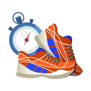 Red sport sneakers and stopwatch, modern illustrations