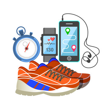 Red sport sneakers, heart rate monitor, phone, and stopwatch