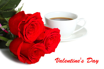red roses with a Cup  coffee on white isolated background with text