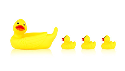 Image of yellow mother duck rubber and ducklings rubber isolated