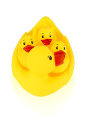 Image of yellow mother duck rubber and ducklings rubber isolated