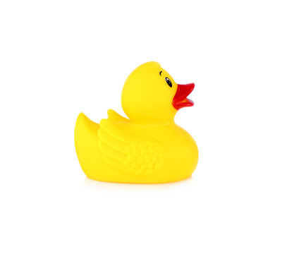 Image of yellow rubber duck isolated over white background