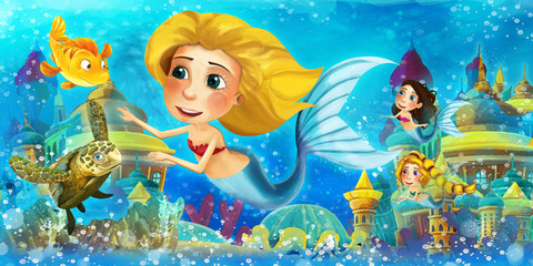 Cartoon ocean and the mermaids - illustration for the children © honeyflavour