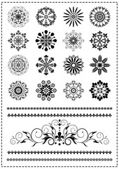 Collection black patterns and borders on a white background
