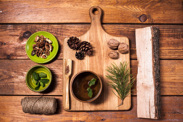 Still life with walnuts on a wooden board