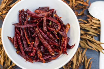 Dried chili pepper in white bowl on dried Leaves and Wood background