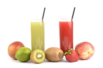 Fresh fruit juices on white