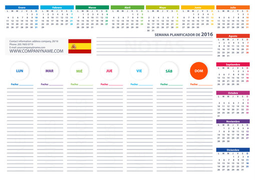 2016 Spain Week Planner Calendar Vector Design Template