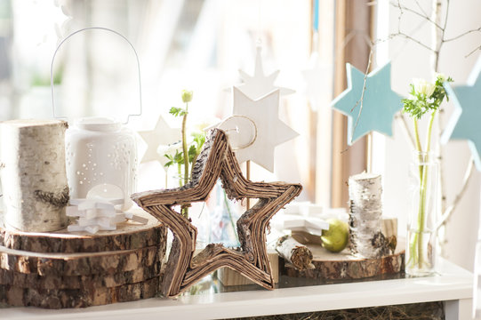 Christmas winter blue and wooden star