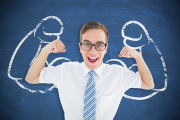Composite image of geeky happy businessman flexing biceps