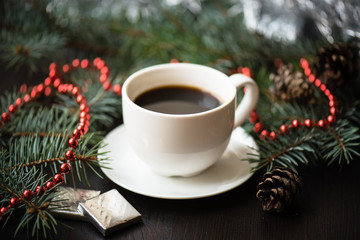 Obraz na płótnie Canvas Holiday Christmas still life with cup of coffee and chocolate