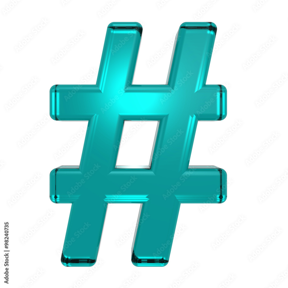 Fototapete Number mark from turquoise alphabet set, isolated on white. Computer generated 3D photo rendering.