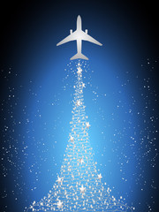 Festive silhouette aircraft fly over dark blue sky