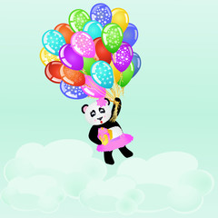 Cartoon panda girl flying with birthday balloons and gift above the clouds. Birthday background. EPS 10 vector illustration