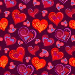 Fototapeta na wymiar Romantic seamless pattern with colorful hand draw hearts. Bright hearts on purple background. Vector illustration