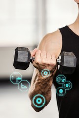 Composite image of cropped image of man lifting dumbbell