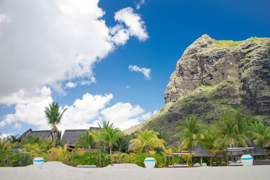Mountains on a blue sky with beach and hotel