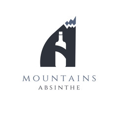 mountain absinthe concept with bottle in letter a