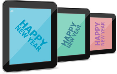 Vector illustration of a tablet pc icon with Happy New Year words