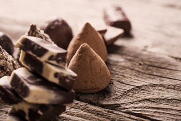 chocolate on old wooden table