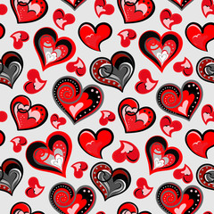 Naklejka na ściany i meble Valentines day artistic hand drawn colorful hearts background, vector seamless pattern