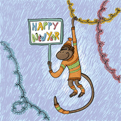 monkey in sweater keep in hand plate with text happy new year