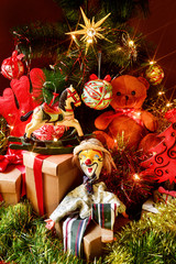 retro toys and gifts under a christmas tree