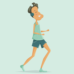 Man does running and listening to music in the player and headphones. Cartoon vector illustration