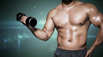 Fototapeta na wymiar Composite image of mid section of a bodybuilder with dumbbell