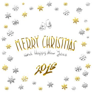 golden glowing Merry Christmas and happy New Year 2016 lettering collection. Vector illustration