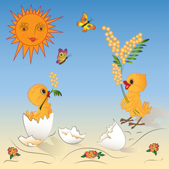 Chickens with flowers on sunny meadow