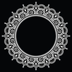 Mehndi, Indian Henna tattoo round white pattern on black