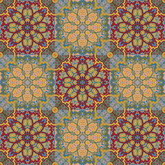 Vector bright pattern. East ornament with contour and colorful details on the turquoise background. Template for any surface. Elegant backdrop with oriental ornaments of mandalas