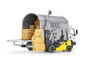 The carrier of cargo (mail) and forklift with boxes, isolated on