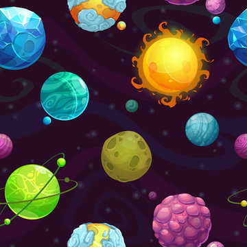 Seamless pattern with cartoon fantasy planets