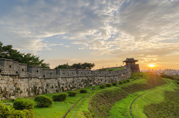 Fototapeta na wymiar Sunset at Hwaseong Fortress in Suwon, South Korea.