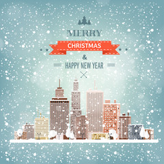 Naklejka premium Vector illustration. Winter urban landscape. City with snow. Christmas and new year. Cityscape. Buildings