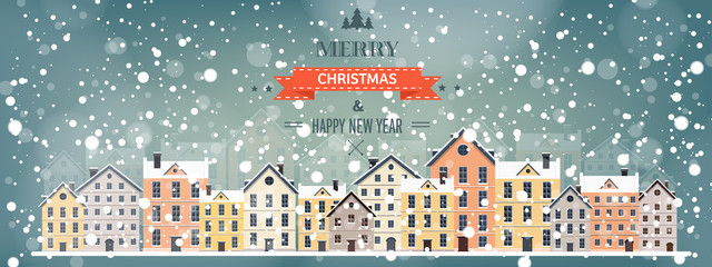 Vector illustration. Winter urban landscape. City with snow. Christmas and new year.  Cityscape. Buildings