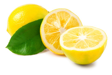 one lemon with leaves and slices on white background