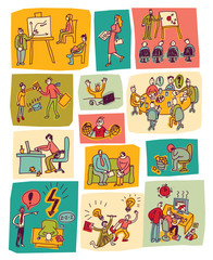 Business office color scenes life set. 