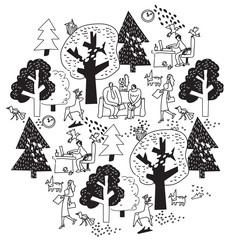 Ecology office business round composition black and white. 