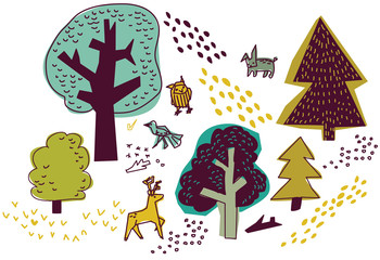 Forest and animals isolate on white nature design elements. 