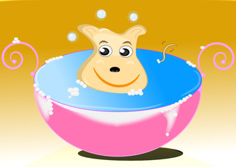 Perro dándose un baño en bañera rosa