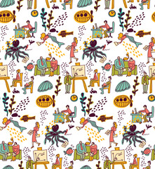 Underwater business office life seamless pattern. 