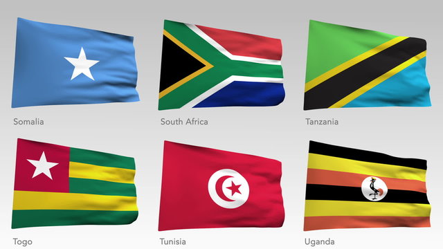 animated African flags collection with alpha channel, Somalia, South Africa, Tanzania, Togo, Tunisia, Uganda