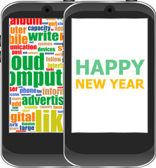 Smart phone with Happy New Year greetings on the screen, Vector holiday card