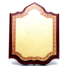 golden shield diploma in wooden frame isolated on white backgrou