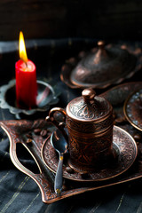 Fototapeta na wymiar coffee in metal Turkish traditional cups