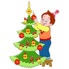 cute and happy cartoon boy is decorating xmas tree