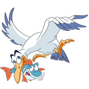 cute and happy cartoon seagull is carrying a fish in a beak